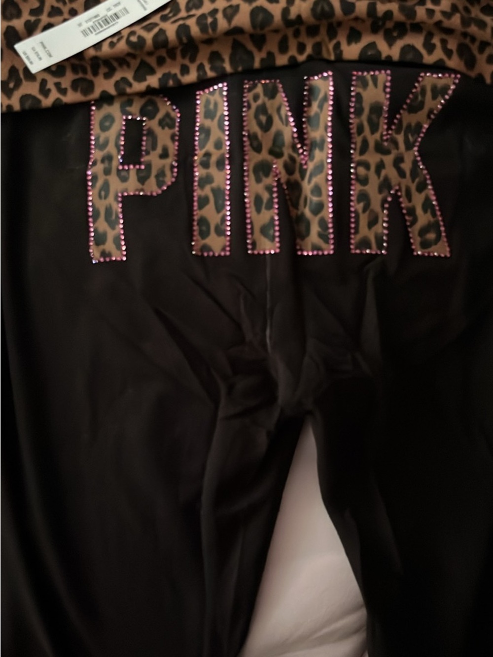 PINK Victoria's Secret Black Leggings with Leopard Logo and Pink Rhinestones
